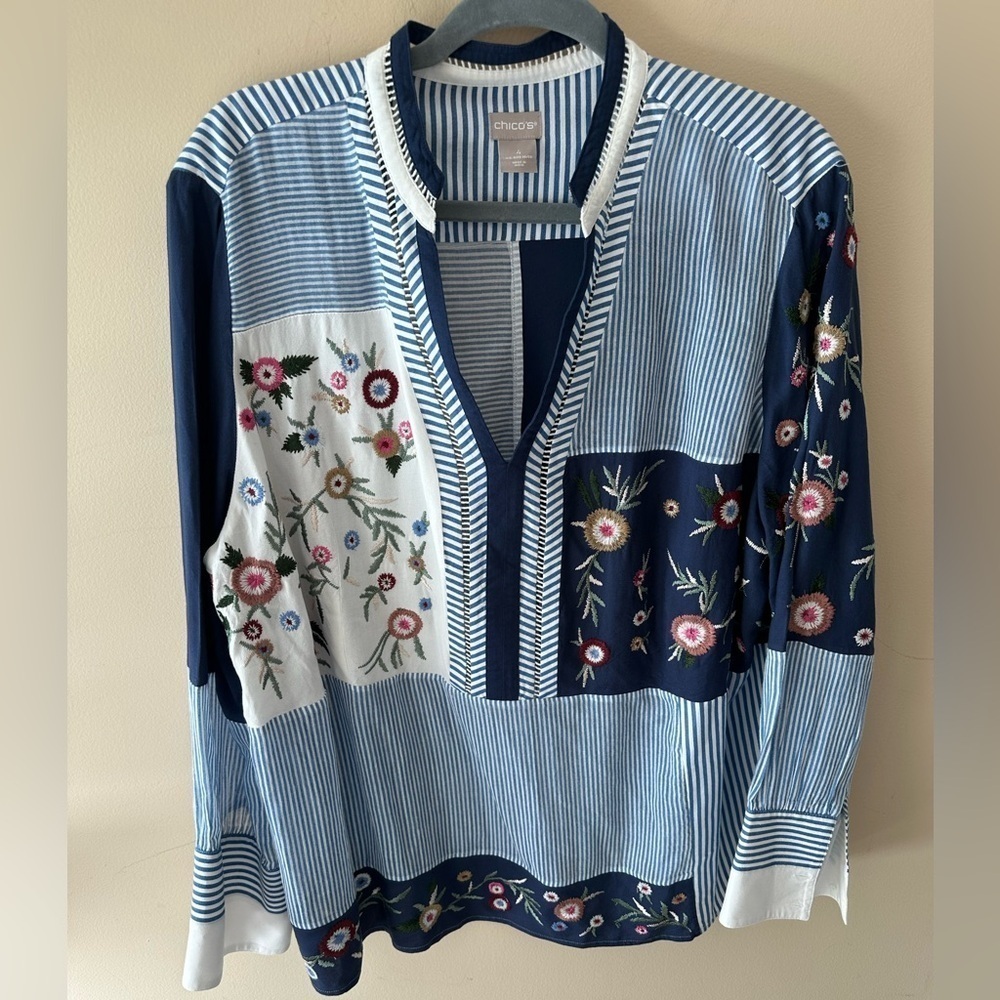 Chico's embroidered blouse size 20 22 blue white boho stripe